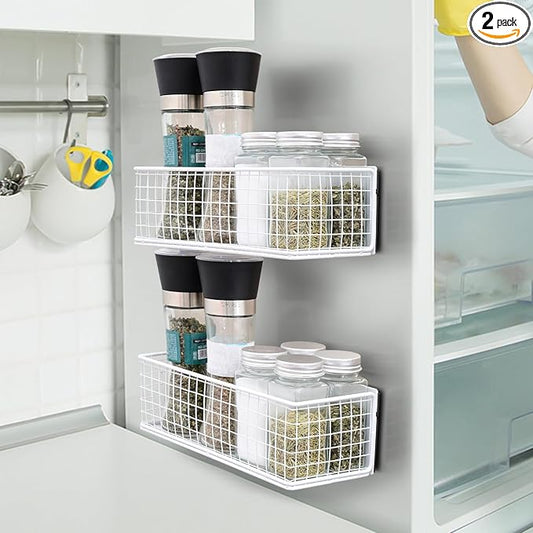 2 Pack Magnetic Basket for Fridge Magnetic Fridge Shelf Versatile Metal Organizer Storage Bin Moveable Strong Magnetic Spice Rack Organizer for Home Kitchen Office Refrigerator Holds
