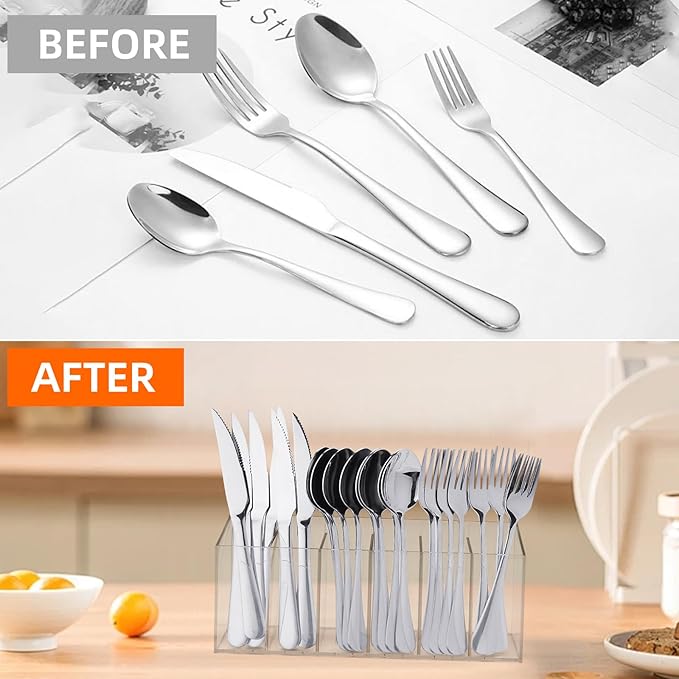 Acrylic Cutlery Storage Organizer Holder Silverware Caddy for Kitchen Countertop -Holds Fork, Knife, Spoon, Silverware - 6 Divided Sections Transparent