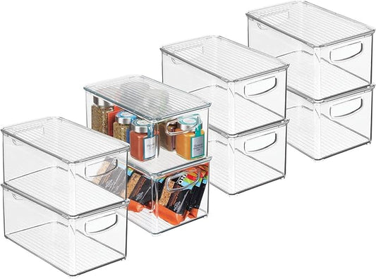 mDesign Plastic Deep Storage Bin Box Container with Lid and Built-In Handles - Organization for Fruit, Snacks, or Food in Kitchen Pantry, Cabinet, or Cupboard, Ligne Collection, 8 Pack, Clear