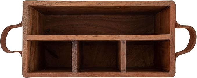 Karma Acacia Silverware Leather Handles Wooden Napkin and Utensil Caddy, One size, Brown