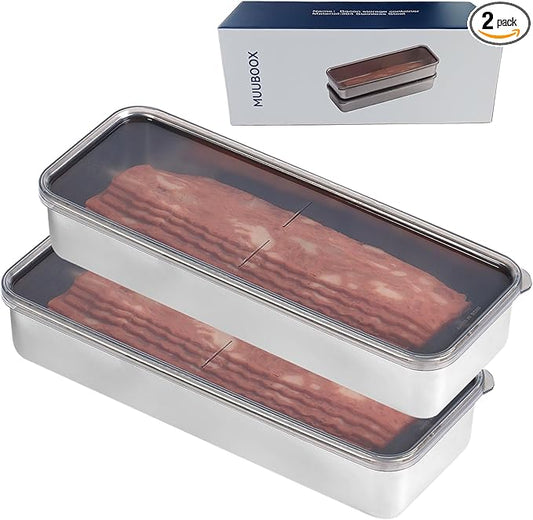 Bacon storage container for fridge,304 Stainless Steel Airtight Deli meat container/Kitchen Meat Saver Storage Container (2 Pack M)
