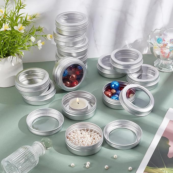 BENECREAT 14 Pack 2 OZ Tin Cans Screw Top Round Aluminum Cans Screw Lid Containers with Clear Window - Great for Store Spices, Candies, Tea or Gift Giving (Platinum)