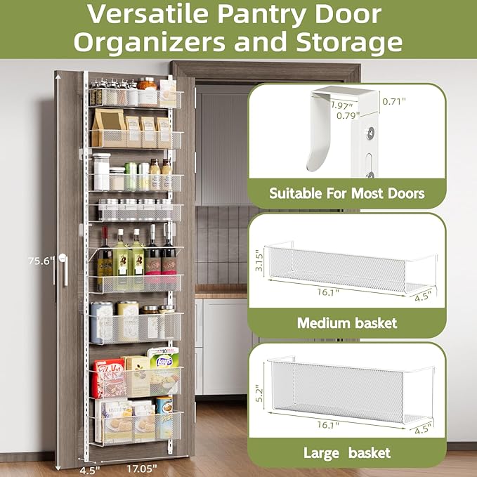 Over The Door Pantry Organizer, 8-Tier Metal Hanging & Wall Mount Spice Rack Organizer