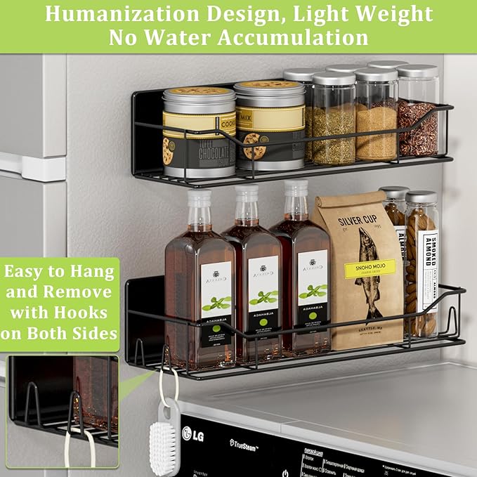 Magnetic Spice Rack for Refrigerator, 9 Pack Magnetic Fridge Shelves W/Adjustable Paper Towel Holder, Hook Rack, Moveable Spice Organizer Shelf for Kitchen Organization and Storage (Black)