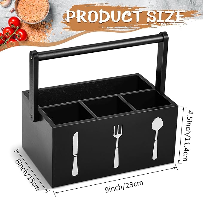 Geetery Acacia Utensil Caddy Silverware Caddy with Handle Wooden Multipurpose Countertop Flatware Napkin Utensil Organizer for Party Picnic Kitchen Trip, 9.1 x 5.9 x 4.5 in(Black)