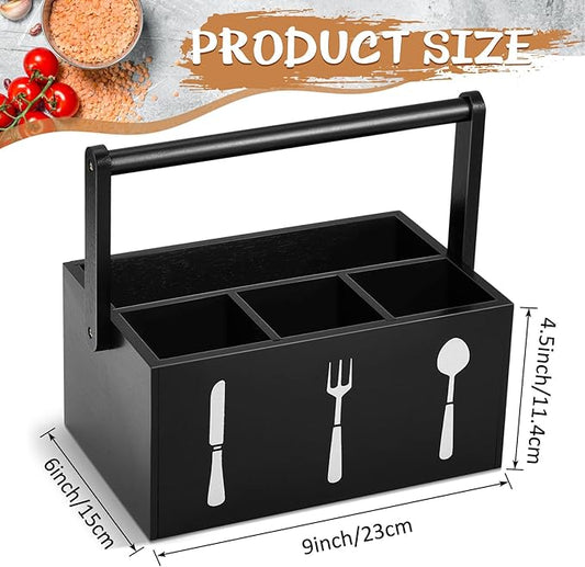 Geetery Acacia Utensil Caddy Silverware Caddy with Handle Wooden Multipurpose Countertop Flatware Napkin Utensil Organizer for Party Picnic Kitchen Trip, 9.1 x 5.9 x 4.5 in(Black)