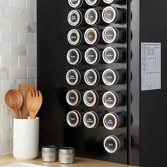 Talented Kitchen 24 Magnetic Spice Jars with Sift-and-Pour Lids for Refrigerator with 6 Metal Plate Bases and 269 Preprinted Seasoning Labels in 2 Styles for 3 oz Herb Containers