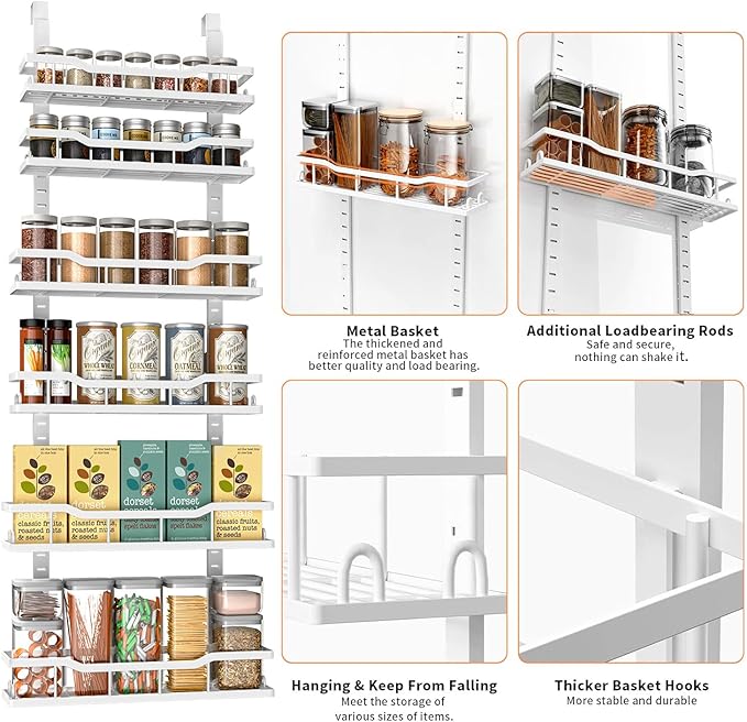 Over The Door Pantry Organizer, 6-Tier Over The Door Organizer with Adjustable Baskets, Metal Hanging Spice Rack for Pantry Organizers and Storage, Suitable for Kitchen Laundry Room & Bathroom, White