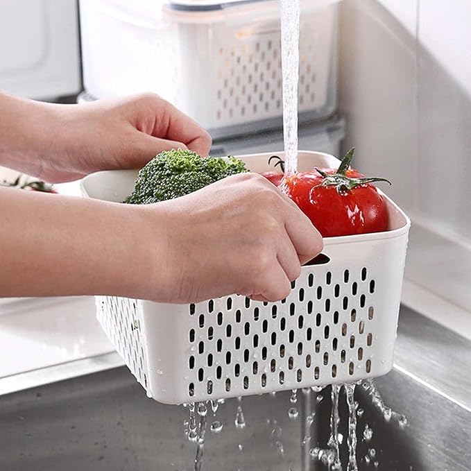 4 Pack Fresh Food Storage Containers, Large Capacity Produce Saver Box with Drain Baskets & Lid, Fridge Organizer, Airtight Fruit Organizer for Refrigerator, Stackable Plastic Fruit Veggie Saver
