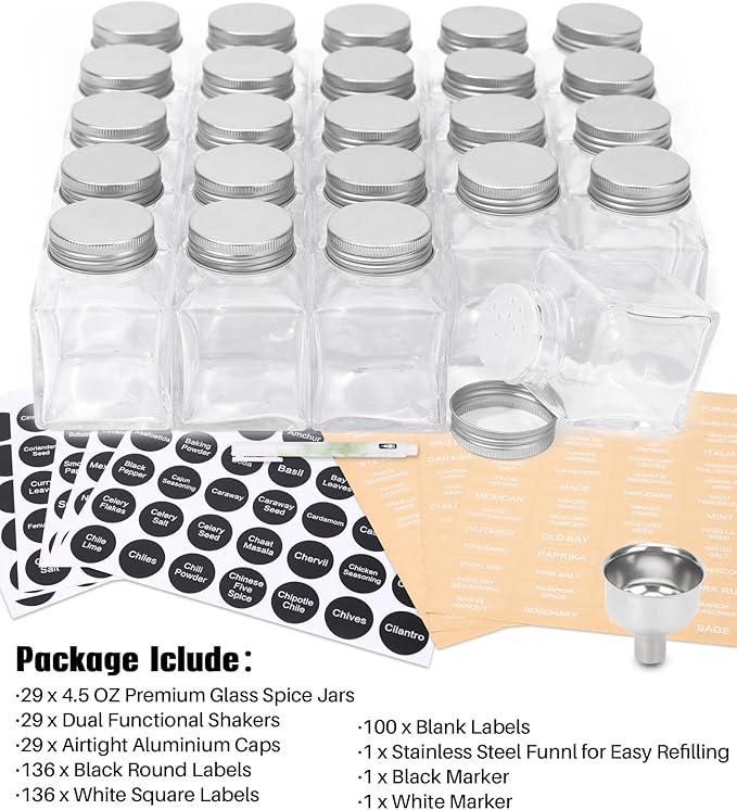 MIUKAA Unique Design Spice Jars with 372 Labels, 29-Pack 4.5 oz Personalized Cubic Clear Glass Spice Jars with Shakers, Lids, Empty Square Reusable Kitchen Storage Containers