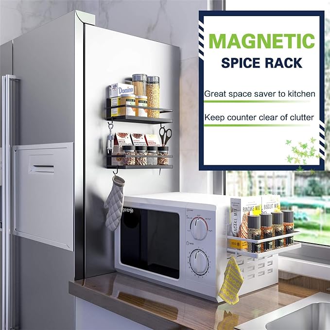 Magnetic Spice Rack, Strong Magnetic Shelf with 4 Removable Hooks, Perfect Space Saver for Small Kitchen/Apartment, Awesome Metal Cabinet for Holding Spices, Jars, Bottle (Black, 2Pack)
