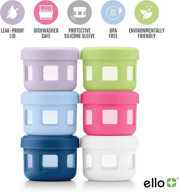 Ello Reusable Condiment Containers 4oz each with Screw-on Leak Proof Lid | Perfect for Salad Dressing Sauce Dips Lunchbox Picnic Travel Bento Box | BPA-Free | Dishwasher Safe