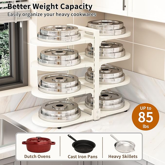 Adjustable Heavy Duty Pots and Pans Organizer Under Cabinet, 8-Tier Pot and Pan Organizers Inside Cabinet, Kitchen Cabinet Organizers and Storage, White