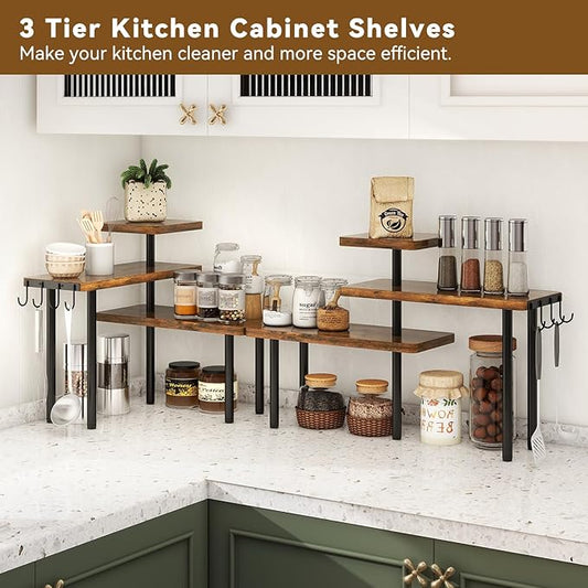 IBUYKE Countertop Organizer,3-Tier Spice Racks,Kitchen Counter Corner Shelf,4 Side Hooks,Adjustable Countertop Shelf for Kitchen, Bathroom, Coffee Bar, Cabinet, Desk,Rustic Brown,TLJ023H