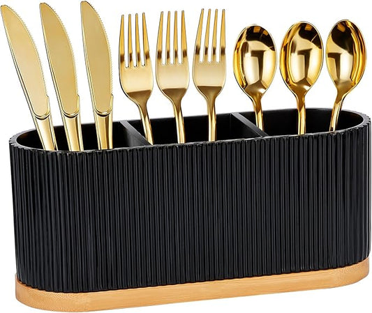Countertop Silverware Holder, Silverware Caddy Organizer Holder for Forks, Spoons, Knives, Cutlery Caddy with 3 Compartments, Kitchen Utensil Holder for Party, Countertop, Black