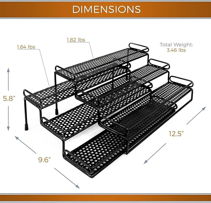 3 Tiered Spice Rack - Spice Racks for Inside Cabinets - Expandable Spice Rack Countertop Kitchen Pantry - Metal Tier Seasoning Organizer Step Storage with Protective Railing (Black)