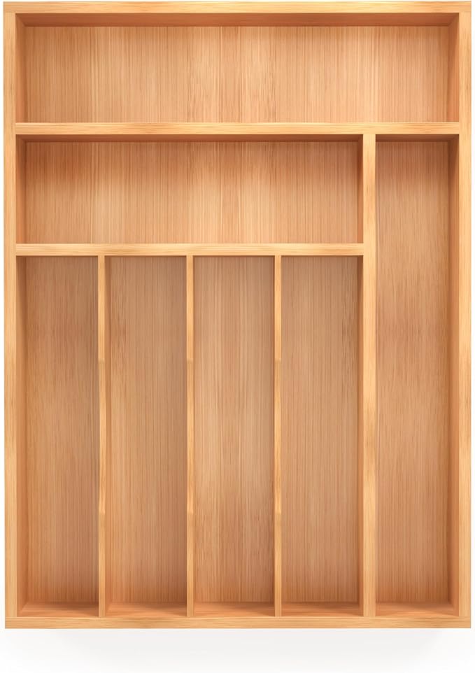 Bamboo Silverware Organizer, Kitchen Drawer Organizer, Utensil Holder, Cutlery Tray & Spoon Flatware Storage with Grooved Drawer Dividers (7 Slots, Natural)