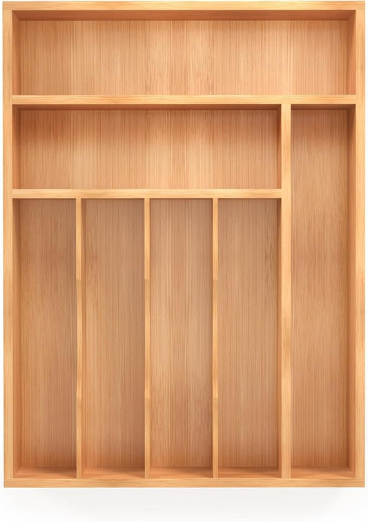 Bamboo Silverware Organizer, Kitchen Drawer Organizer, Utensil Holder, Cutlery Tray & Spoon Flatware Storage with Grooved Drawer Dividers (7 Slots, Natural)