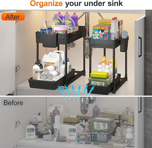 2-Pack Under Sink Organizer, 2-Tier Pulled Out Multi-Use Kitchen Bathroom Organizers and Storage，Bathroom Cabinet Organizer with Cup and Multi-Type Hooks (Black)