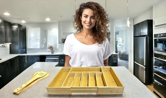 Premium Silverware, Flatware and Utensil Organizer for Kitchen Drawers. Extra Large and Expandable from 13 to 21 Inches - 8 Compartments [2.5 Inches Deep] *Bamboo Utensils Included - 100% Bamboo.