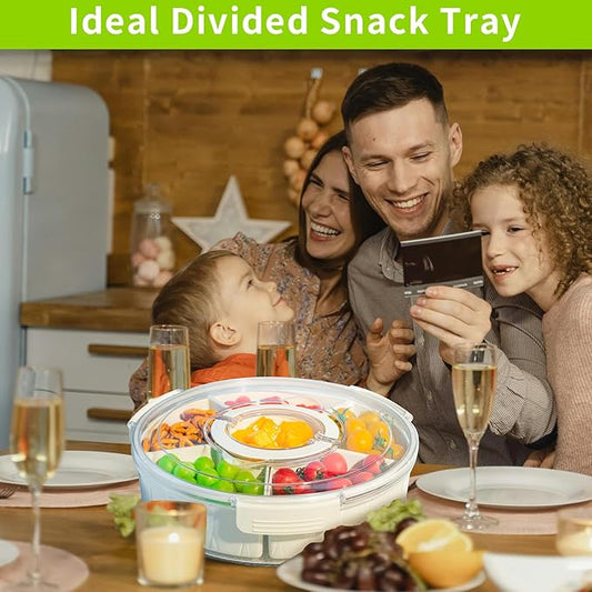 Veggie Tray with Lid and Handle, Divided Serving Tray, Snack Spinner, Portable Snackle Boxs for Candy Fruits Nuts, Clear Fridge Organizer and Storage for Party, Picnic, Travel, Beach