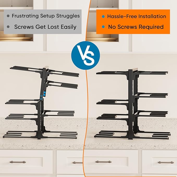 Pots and Pans Organizer Under Cabinet, Heavy Duty 8 Tier Pan Organizer–Carbon Steel Pan Rack, No Assembly Required, Perfect for Cast Iron Skillets, Dutch Ovens, Frying Pans, Pots, and Trays