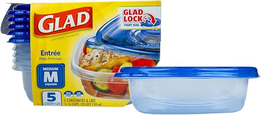 GladWare Entree Food Storage Containers, Medium Square Holds 25 Ounces of Food, 5 Count Set | Tupperware, Plastic Food Container, Meal Prep Container, Plastic Containers with Lids