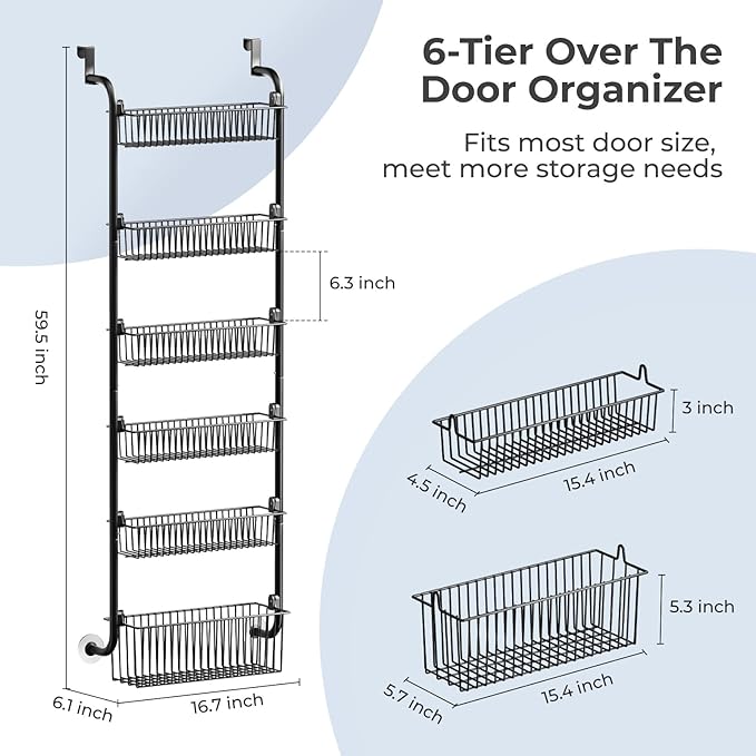 Over The Door Pantry Organizer, 6-Tier Pantry Door Organizers and Storage, Metal Over The Door Organizer, Pantry Door Organizer for Kitchen, D6 x W17 x H60 inch, Black