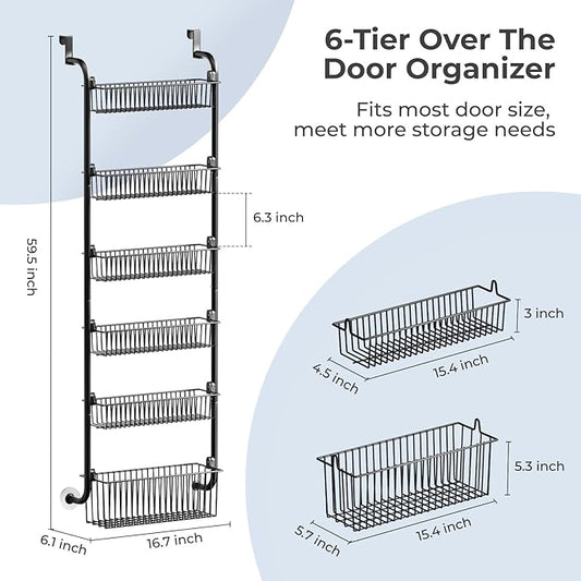 Over The Door Pantry Organizer, 6-Tier Pantry Door Organizers and Storage, Metal Over The Door Organizer, Pantry Door Organizer for Kitchen, D6 x W17 x H60 inch, Black