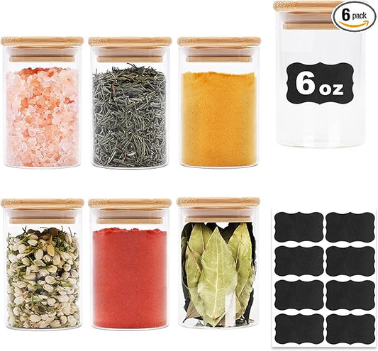 6oz Glass Food Storage Jars, Glass Jars with Bamboo Lids, Kitchen Storage Jars, Set of 6, Canisters with Airtight Lids for Spice, Coffee, Cookie, Pantry Organizers