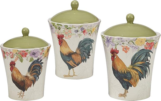 Certified International Floral Rooster 3 Piece Canister Set 54 oz, 72 oz, 104 oz, Multicolor