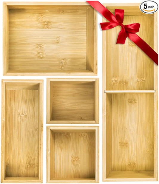 5 Pieces Bamboo Drawer Organizer, Multi-Use Individual Junk Tea Storage Drawer Tray Set with Removable Dividers, Adjustable Cutlery Utensils Holder Bin for Kitchen, Office, Bathroom