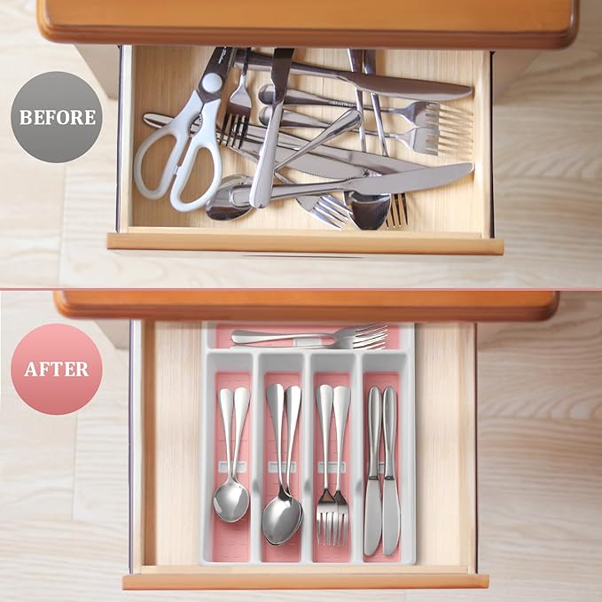 Silverware Organizer with Cutlery Icons，Silverware Tray for Kitchen Drawer，Flatware Tableware Cultery Drawer Organizer Utensil Organizer with Non-slip TPR Linings，Pink Kitchen Organization Essentials