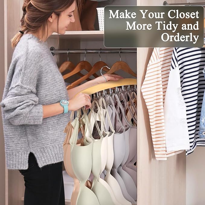 2 Pack Bra Hangers for Closet Organizer, Bra Organizer with 40 Stainless Steel Hooks, Wooden Tank Top Hanger, Closet Organizers and Storage for Bras Camis Belts Ties, Natural