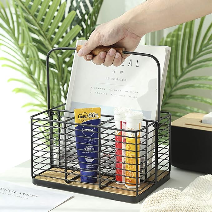 VANRA Utensil Holder Kitchen Condiment Organizer Utensil Caddy Storage Basket Organizer Metal Flatware Caddy with Wood Handle, Black