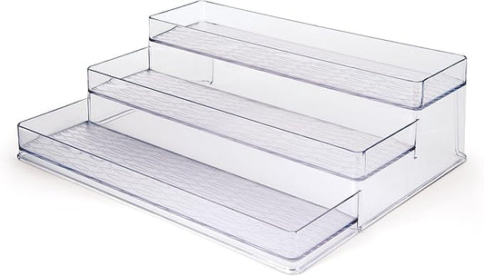 Copco 3 Tier Clear Stadium Organizer with Deep Shelves Versatile Storage for Spices Pantry and Supplies Durable Plastic 3.75 Inch Shelves