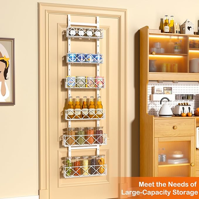 Random Color-Over the Door Pantry Organizer 6-Tier Adjustable Baskets Hanging Spice Door Rack Narrow - 13.1" W x 52.3" H Behind the Door Storage for Kitchen, Bathroom, and Closet Organization