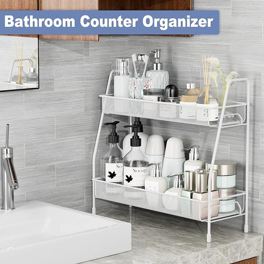 EKNITEY Bathroom Countertop Organizer Rack - 2 Tier Counter Spice Rack Metal Makeup Rack Small Perfume Vanity Organizer for Sink/Bedroom/Living room/Kitchen/Office