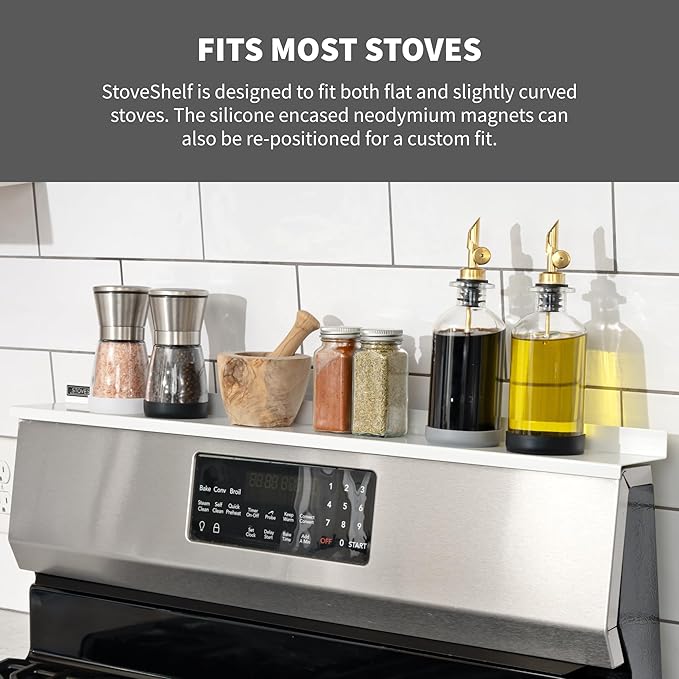 StoveShelf Deluxe 30" Length White Magnetic Shelf for Kitchen Stove - Extra Strength Double Magnets - Kitchen Storage Solution with Zero Installation - Over Stove Spice Rack Organizer