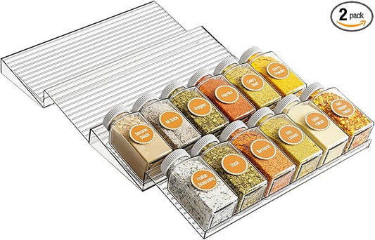 Yieach Clear Acrylic Spice Drawer Organizer,2 Tier- 2 Pack In Drawer Spice Organize and Kitchen Jars Seasoning Organizer Insert,Expandable From 11'' to 22'' Spice Rack and Tray for Cabinet