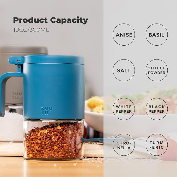 Zuutii Glass Spice Jars Moisture-Proof Spice Containers with Spoons, Set of 2 10oz/300ml Spice Bottles, Mini Seasoning Storage Jars with Flapper Caps for Salt, Sugar, Peppers, Chili in Kitchen Blue