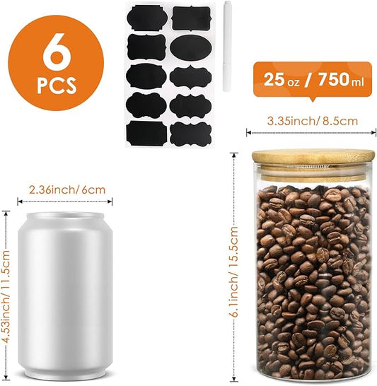 25oz Glass Jars with Airtight Bamboo Lids and Labels, Glass Food Storage Containers for Kitchen Pantry Organization for Coffee Tea Candy Cookie Nuts（6 Pack）