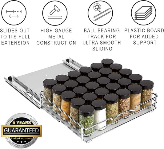 Pull Out Cabinet Organizer for Spices, Cans - Heavy Duty with Lifetime Limited Warranty- Pull Out Spice Rack- Cabinet Pull Out Shelf for Cans,Dishes, Etc, 12-3/8"Wx 10-1/2"D x 2-3/4” H, Chrome