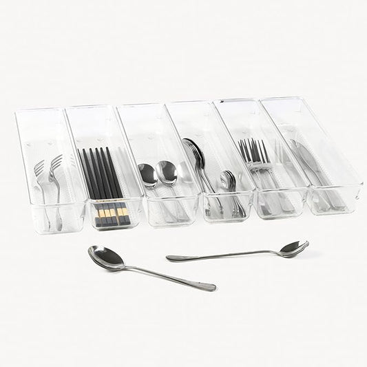 ihomecooker 6 Set Clear Plastic Junk Drawer Organizer Vanity Curlery Utensil Makeups Organizer for Kitchen 12'' X 3''