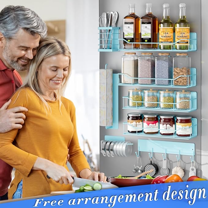 Magnetic Spice Rack for Refrigerator,8 Pack Magnetic Fridge Shelf, Moveable Spice Organizer with Hook Rack, Paper Towel Holder, Utensil Holder,cup lid holder, Super Magnetic Rack Set (Blue)