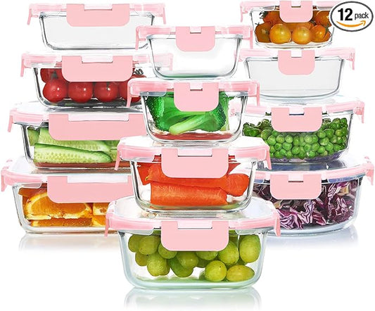 24 Pieces Glass Food Storage Containers Set,Glass Meal Prep Containers-Stackable Airtight Glass Storage Containers with lids,Freezer, Microwave, Oven Safe,Pink