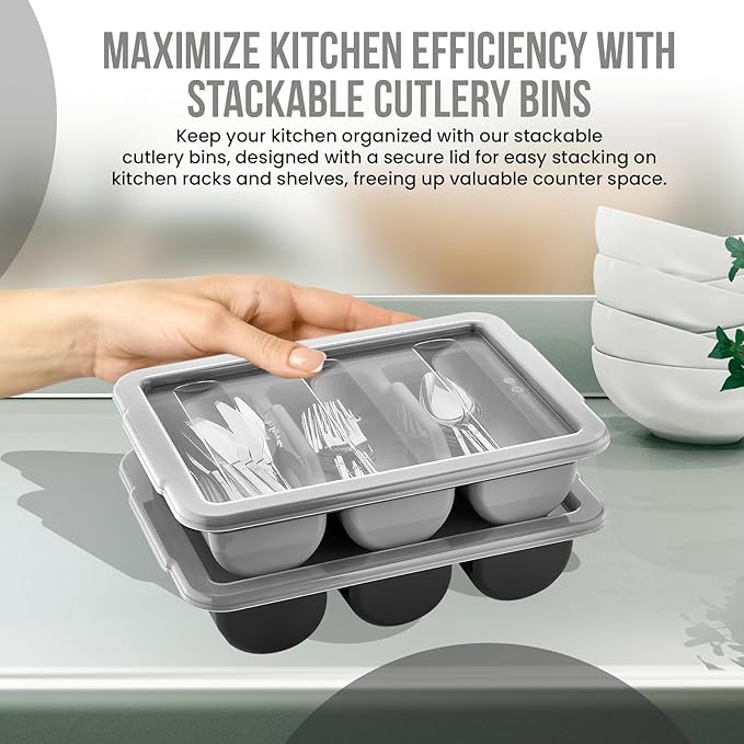 2 Pack - Cutlery Bin with Lid, Commercial 3-Compartment Flatware Tray with Cover, Stackable Silverware Storage Plastic Container, Restaurant Condiments Holder, Covered Utensil Organizer Box, Gray