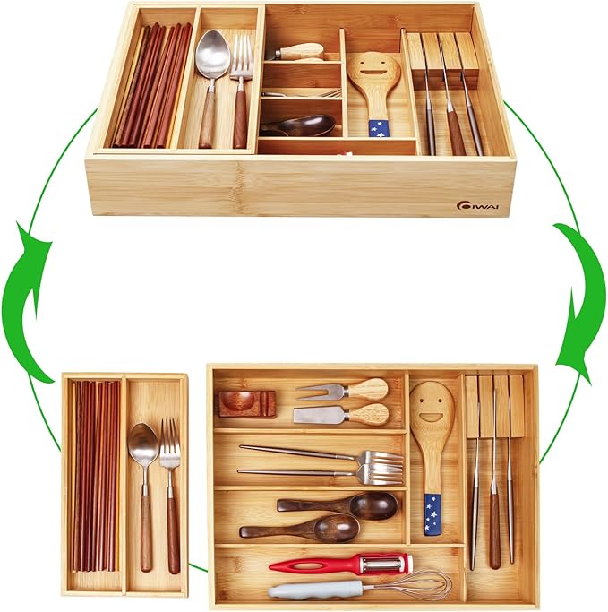 Double layer Bamboo Kitchen Drawer Organizer, Utensil Silverware Organizer, Cutlery Tray, With Slidable & Removable Utensil Tray, With Knife Holder, Flatware Organizer,Multi-use storage box