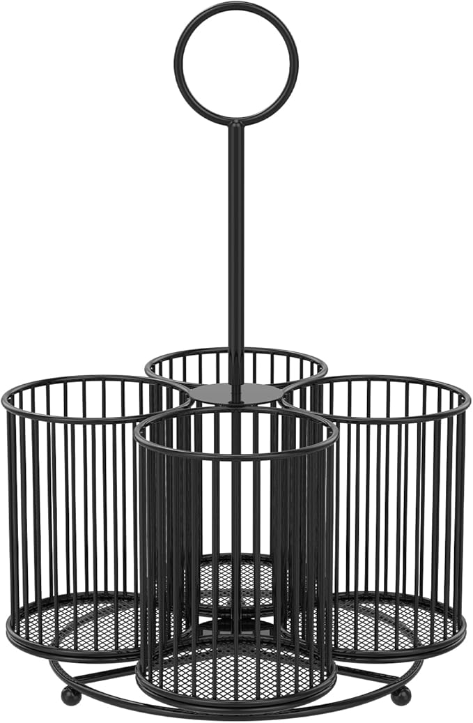 360° Rotating Countertop Utensil Caddy - 4-Compartment Metal Cutlery Holder with Handle - Multipurpose for Kitchen, Picnic, Camping, Office - 6.3x6.3x11 In- Black