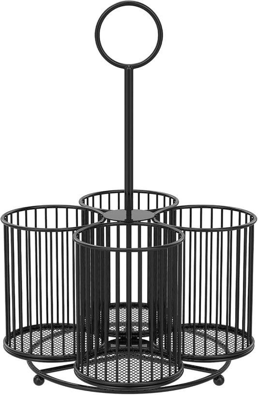 360° Rotating Countertop Utensil Caddy - 4-Compartment Metal Cutlery Holder with Handle - Multipurpose for Kitchen, Picnic, Camping, Office - 6.3x6.3x11 In- Black